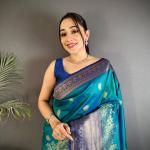 Sumptuous Rama Pure Zari Weaving Banarasi Silk Saree With Stunning Blouse Piece