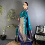 Sumptuous Rama Pure Zari Weaving Banarasi Silk Saree With Stunning Blouse Piece