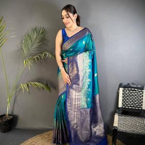 Sumptuous Rama Pure Zari Weaving Banarasi Silk Saree With Stunning Blouse Piece