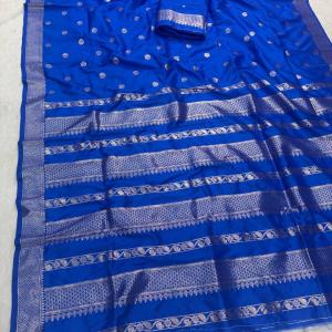 Ineffable Royal Blue Pure Zari Weaving Banarasi Silk Saree With Nectarous Blouse Piece