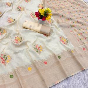 Smart Beige Banarasi Georgette Silk Saree With Marvellous Blouse Piece