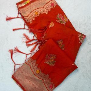 Glittering Red Banarasi Georgette Silk Saree With Murmurous Blouse Piece