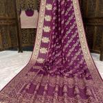 Scintillating Wine Banarasi Dola Silk Saree With Assemblage Blouse Piece