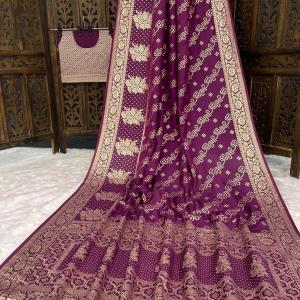Scintillating Wine Banarasi Dola Silk Saree With Assemblage Blouse Piece