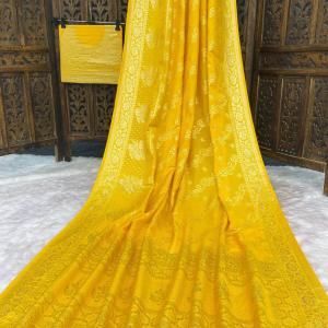 Ravishing Yellow Banarasi Dola Silk Saree With Glowing Blouse Piece