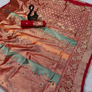 Designer Multicolor Pure Zari Weaving Banarasi Silk Saree With Demesne Blouse Piece
