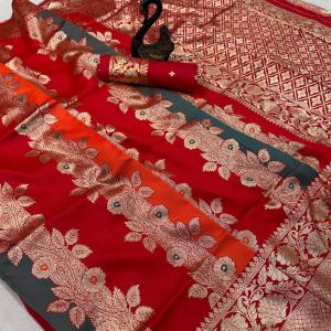 Lovely Multicolor Pure Zari Weaving Banarasi Silk Saree With Gratifying Blouse Piece