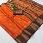 Scrumptious Orange Banarasi Dola Silk Saree With Glowing Blouse Piece