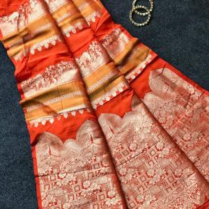 Nebula Orange Banarasi Dola Silk Saree With Precious Blouse Piece