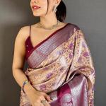 Enticing Beige Kanjivaram Silk Saree With Demanding Blouse Piece