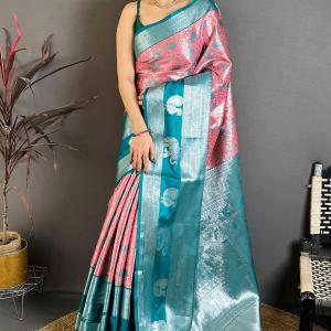 Lagniappe Peach Kanjivaram Silk Saree With Piquant Blouse Piece