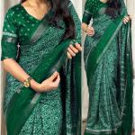 Nemesis Dark Green Digital Printed Dola Silk Saree With Demesne Blouse Piece