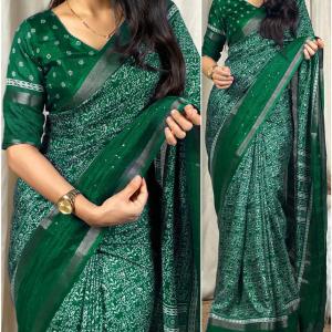 Nemesis Dark Green Digital Printed Dola Silk Saree With Demesne Blouse Piece