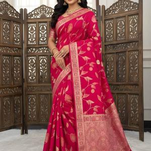 Most Flattering Dark Pink Banarasi Dola Silk Saree With Desultory Blouse Piece