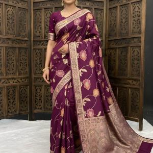 Exquisite Wine Banarasi Dola Silk Saree With Panache Blouse Piece