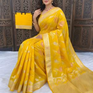 Incomparable Yellow Banarasi Dola Silk Saree With Vivacious Blouse Piece