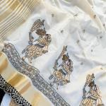 Snazzy Off White Kalamkari Thread Work Tussar Silk Saree With Opulent Blouse Piece