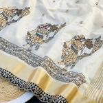 Snazzy Off White Kalamkari Thread Work Tussar Silk Saree With Opulent Blouse Piece