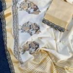 Snazzy Off White Kalamkari Thread Work Tussar Silk Saree With Opulent Blouse Piece