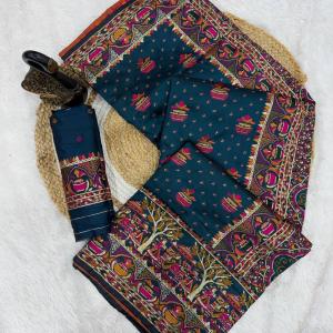 Marvellous Navy Blue Pashmina Saree With Elaborate Blouse Piece