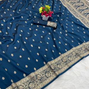 Desuetude Navy Blue Pure Zari Weaving Banarasi Silk Saree With Flaunt Blouse Piece