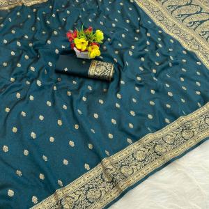 Stunning Rama Pure Zari Weaving Banarasi Silk Saree With Quixotic Blouse Piece