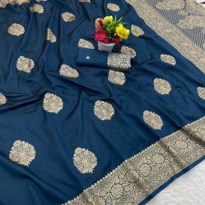 Vibrant Navy Blue Pure Zari Weaving Banarasi Silk Saree With Classic Blouse Piece