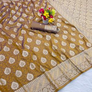 Woebegone Mustard Pure Zari Weaving Banarasi Silk Saree With Enthralling Blouse Piece