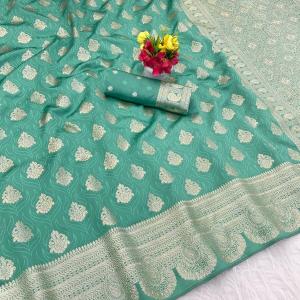 Jubilant Sea Green Soft Silk Saree With Allure Blouse Piece