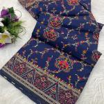 Exuberant Navy Blue Pashmina Saree With Elision Blouse Piece