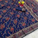 Exuberant Navy Blue Pashmina Saree With Elision Blouse Piece