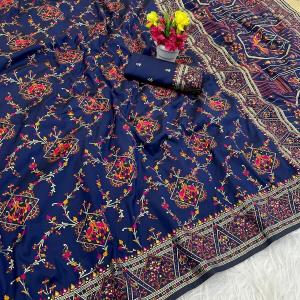 Exuberant Navy Blue Pashmina Saree With Elision Blouse Piece
