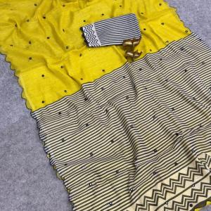 Incredible Yellow Printed Linen Silk Mirror Work Saree With Aplomb Blouse Piece
