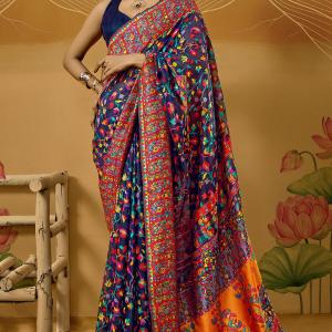 Lustrous Navy Blue Pashmina Saree With Sempiternal Blouse Piece
