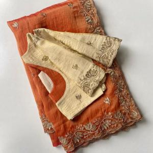 Panoply Orange Handwork Tissue Silk Saree With Outstanding Blouse Piece