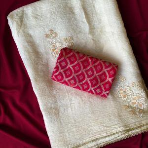 Luminous Off White Embroidery Work Crush Silk Saree With Splendorous Blouse Piece
