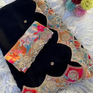 Divine Black Embroidery Work Pure Satin Georgette Saree With Diaphanous Blouse Piece