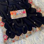 Divine Black Embroidery Work Pure Satin Georgette Saree With Diaphanous Blouse Piece
