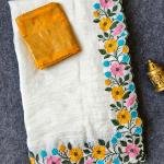 Mellifluous Off White Embroidery Work Crush Silk Saree With Ailurophile Blouse Piece