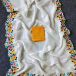 Mellifluous Off White Embroidery Work Crush Silk Saree With Ailurophile Blouse Piece