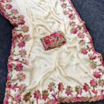 Flamboyant Off White Embroidery Work Georgette Saree With Imaginative Blouse Piece