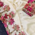Flamboyant Off White Embroidery Work Georgette Saree With Imaginative Blouse Piece