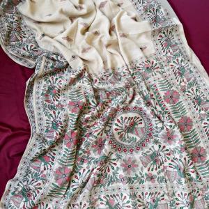 Panoply Off White Printed Linen Silk Saree With Sensational Blouse Piece