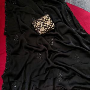 Outstanding Black Hand Work Satin Silk Saree With Ebullience Blouse Piece