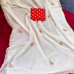 Staring Off White Hand Work Satin Silk Saree With Lovely Blouse Piece