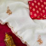 Staring Off White Hand Work Satin Silk Saree With Lovely Blouse Piece