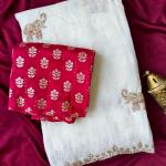 Staring Off White Hand Work Satin Silk Saree With Lovely Blouse Piece