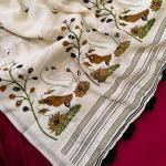 Scrupulous Beige Hand Printed Linen Silk Mirror Work Saree With Fugacious Blouse Piece