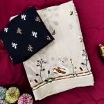 Scrupulous Beige Hand Printed Linen Silk Mirror Work Saree With Fugacious Blouse Piece