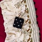 Scrupulous Beige Hand Printed Linen Silk Mirror Work Saree With Fugacious Blouse Piece